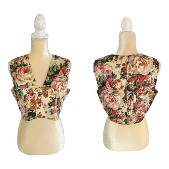 Zara Floral Crop Tank Top S V-Neck Vintage Rose Print Zip Back Summer Flower - Picture 6 of 10